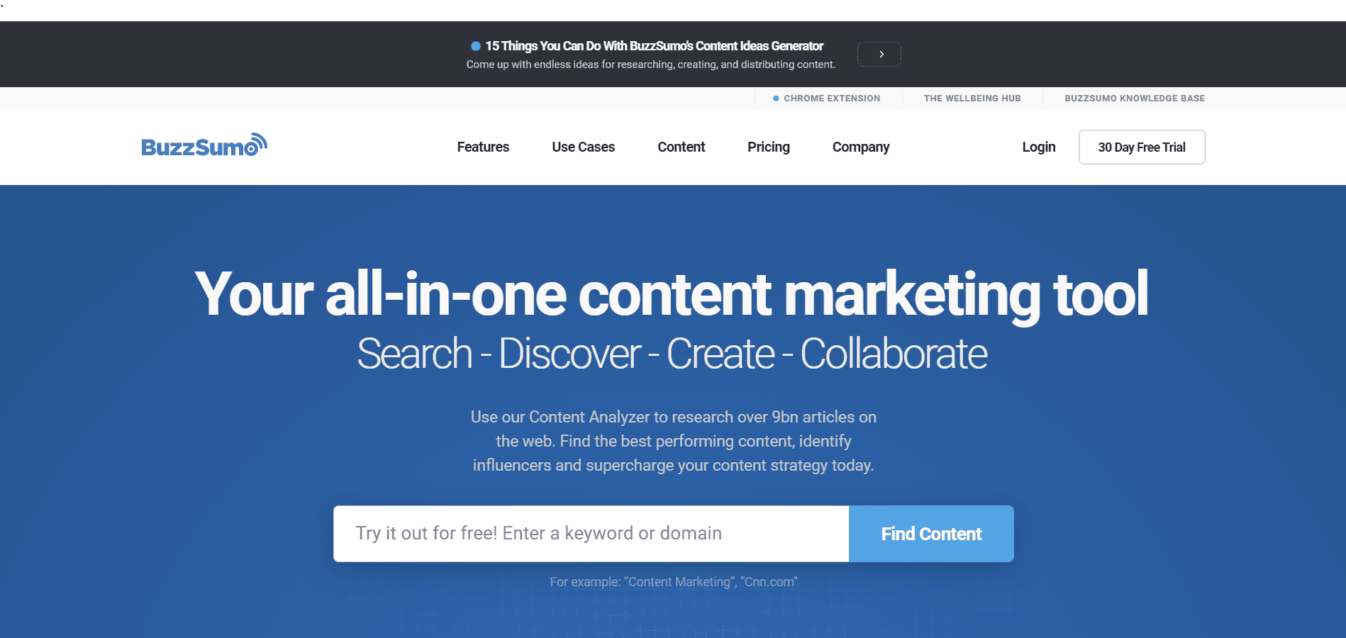 social media marketing tool Buzzsumo homepage